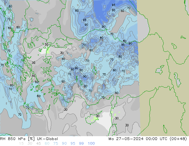 Humedad rel. 850hPa UK-Global lun 27.05.2024 00 UTC