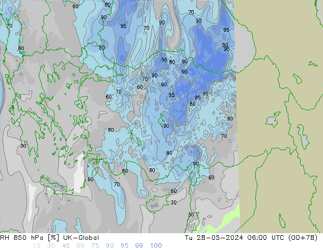 RH 850 hPa UK-Global Tu 28.05.2024 06 UTC