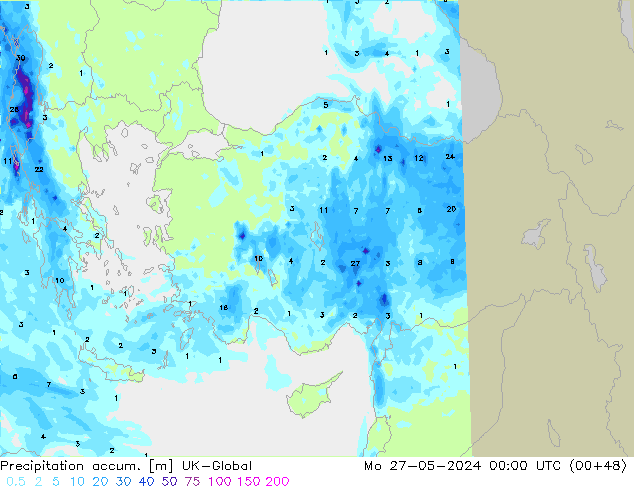 Precipitation accum. UK-Global Mo 27.05.2024 00 UTC