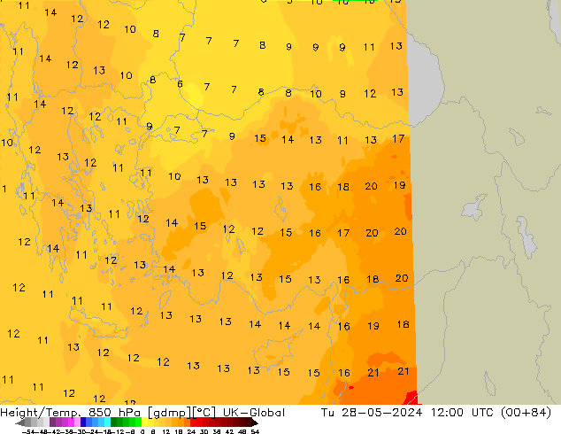 Géop./Temp. 850 hPa UK-Global mar 28.05.2024 12 UTC
