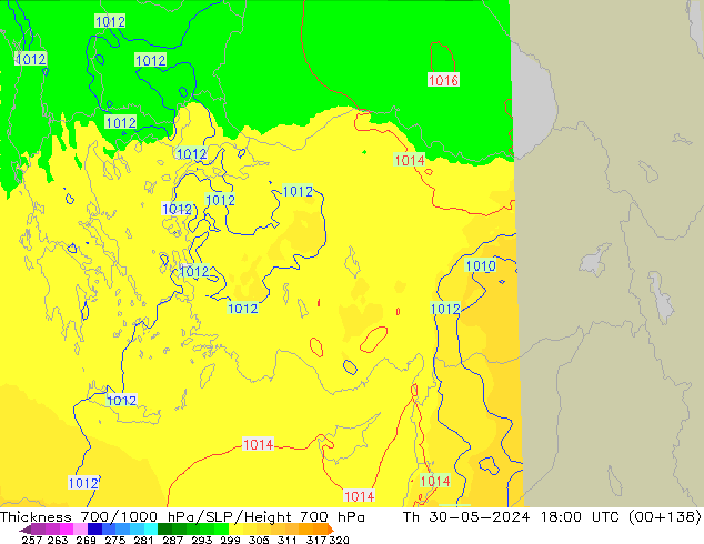 Thck 700-1000 hPa UK-Global Čt 30.05.2024 18 UTC