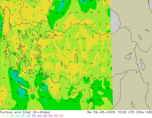 Vento 10 m UK-Global Qua 29.05.2024 12 UTC