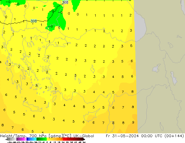 Height/Temp. 700 hPa UK-Global Fr 31.05.2024 00 UTC