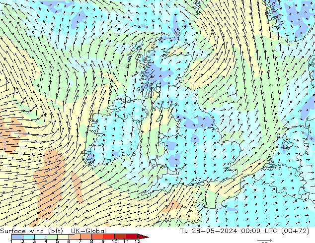 Surface wind (bft) UK-Global Tu 28.05.2024 00 UTC