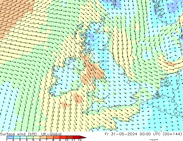 Wind 10 m (bft) UK-Global vr 31.05.2024 00 UTC