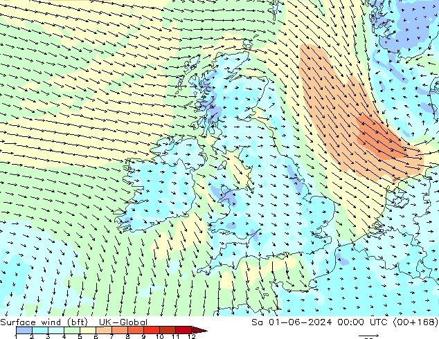Rüzgar 10 m (bft) UK-Global Cts 01.06.2024 00 UTC