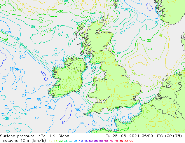 Izotacha (km/godz) UK-Global wto. 28.05.2024 06 UTC