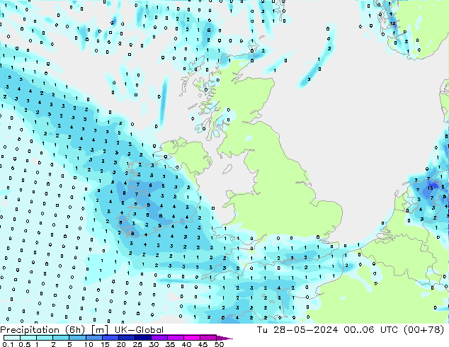 Precipitation (6h) UK-Global Tu 28.05.2024 06 UTC