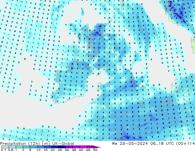 Precipitação (12h) UK-Global Qua 29.05.2024 18 UTC