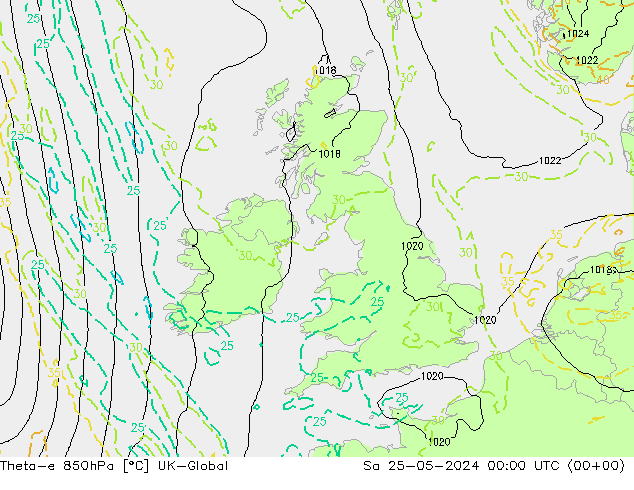 Theta-e 850hPa UK-Global Sa 25.05.2024 00 UTC