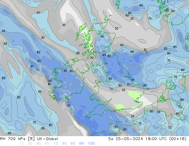 Humidité rel. 700 hPa UK-Global sam 25.05.2024 18 UTC