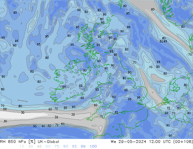 Humidité rel. 850 hPa UK-Global mer 29.05.2024 12 UTC