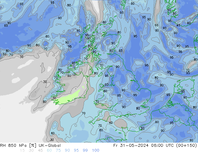 RH 850 hPa UK-Global Fr 31.05.2024 06 UTC