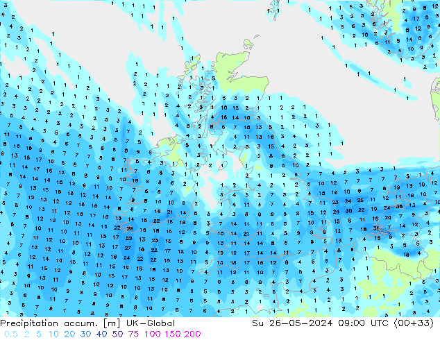 Precipitation accum. UK-Global nie. 26.05.2024 09 UTC