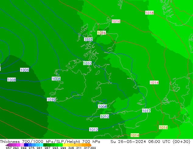 Thck 700-1000 hPa UK-Global dom 26.05.2024 06 UTC