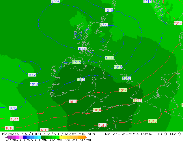 Thck 700-1000 hPa UK-Global lun 27.05.2024 09 UTC