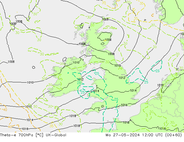 Theta-e 700hPa UK-Global Pzt 27.05.2024 12 UTC