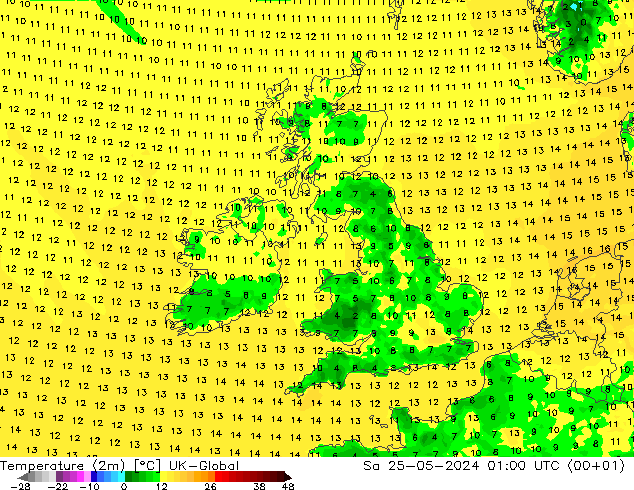 Temperatura (2m) UK-Global sab 25.05.2024 01 UTC