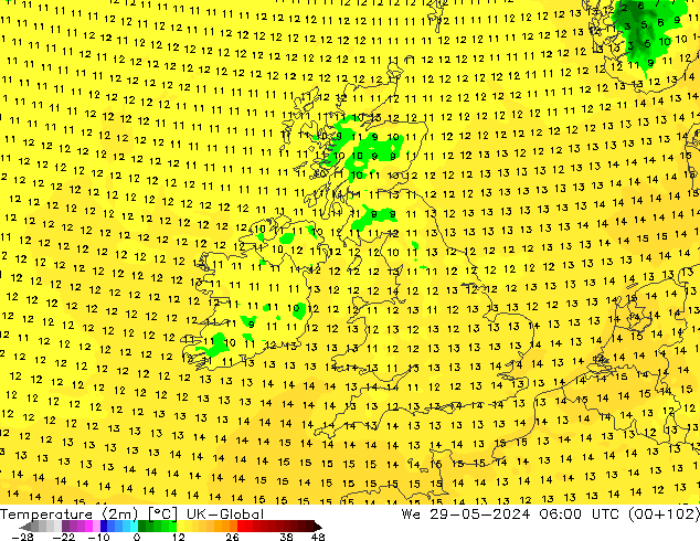 Temperature (2m) UK-Global St 29.05.2024 06 UTC