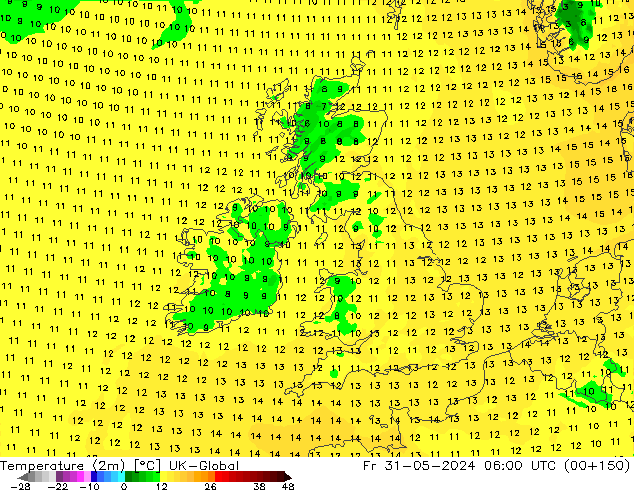 Temperatura (2m) UK-Global vie 31.05.2024 06 UTC