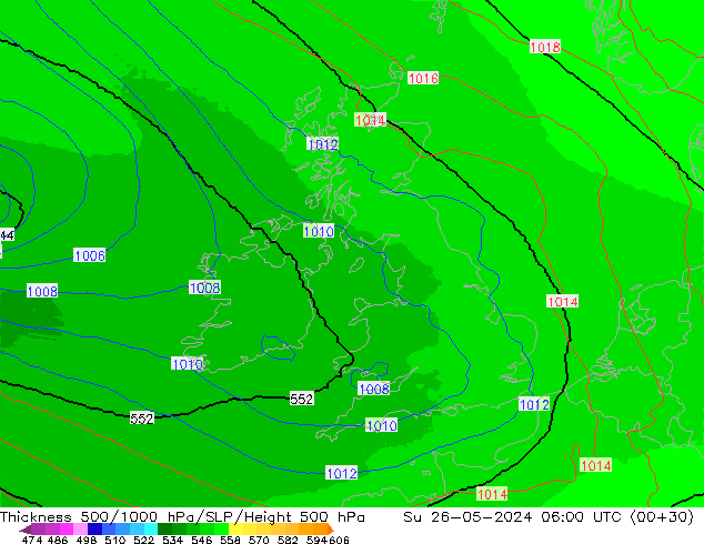 Thck 500-1000hPa UK-Global dom 26.05.2024 06 UTC