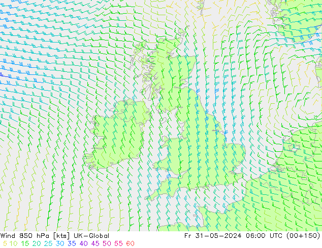 Wind 850 hPa UK-Global Fr 31.05.2024 06 UTC