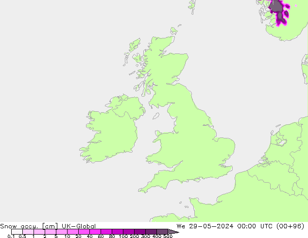 Snow accu. UK-Global mer 29.05.2024 00 UTC