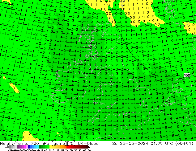 Height/Temp. 700 hPa UK-Global so. 25.05.2024 01 UTC