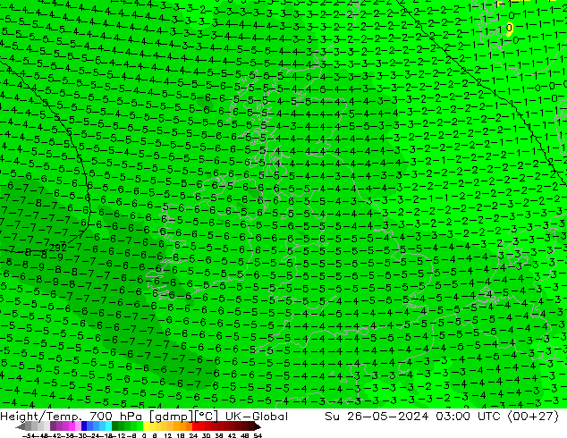 Height/Temp. 700 hPa UK-Global Su 26.05.2024 03 UTC