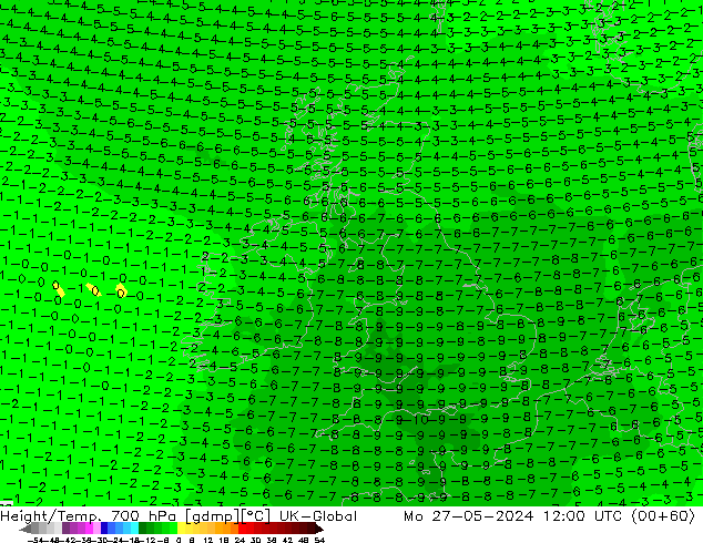 Height/Temp. 700 hPa UK-Global  27.05.2024 12 UTC