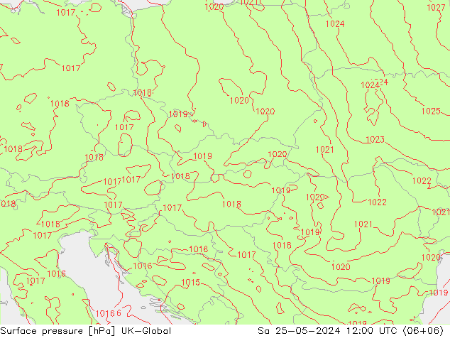 Pressione al suolo UK-Global sab 25.05.2024 12 UTC