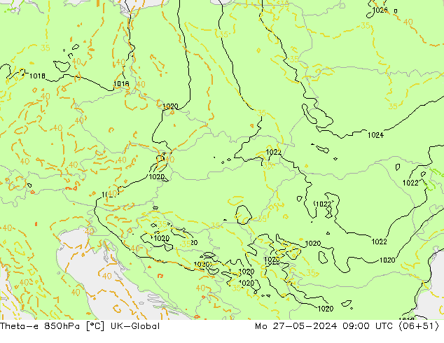 Theta-e 850hPa UK-Global ma 27.05.2024 09 UTC
