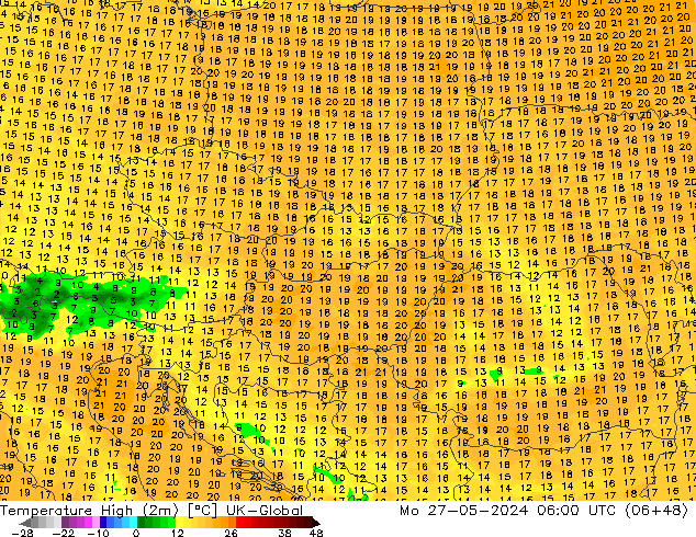 Nejvyšší teplota (2m) UK-Global Po 27.05.2024 06 UTC