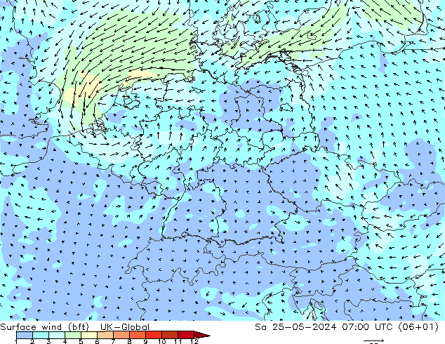 Surface wind (bft) UK-Global So 25.05.2024 07 UTC