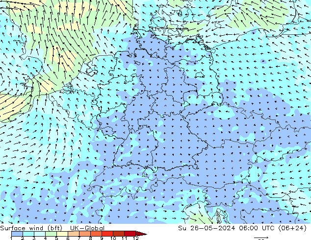 Wind 10 m (bft) UK-Global zo 26.05.2024 06 UTC