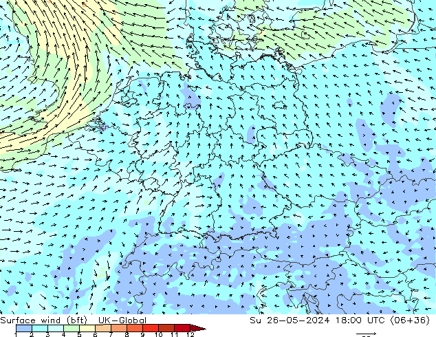 Viento 10 m (bft) UK-Global dom 26.05.2024 18 UTC