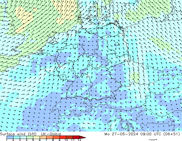 Surface wind (bft) UK-Global Po 27.05.2024 09 UTC