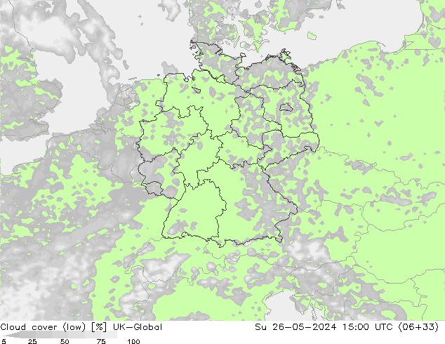 Cloud cover (low) UK-Global Su 26.05.2024 15 UTC