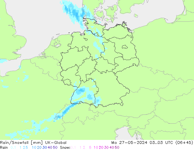 Rain/Snowfall UK-Global пн 27.05.2024 03 UTC