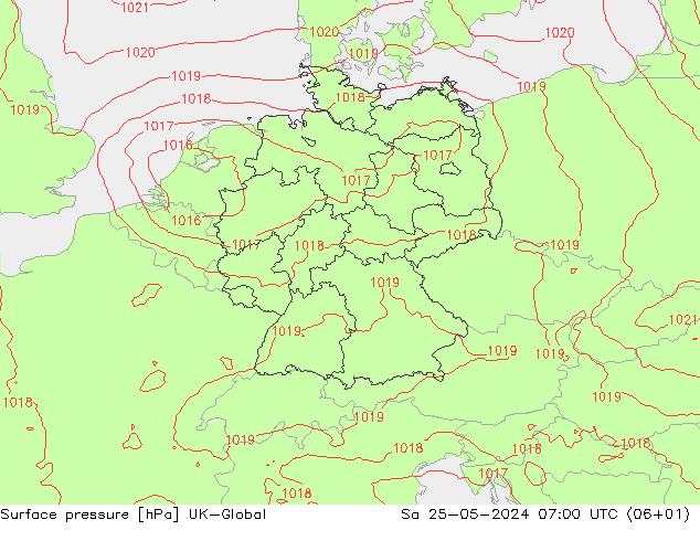 Pressione al suolo UK-Global sab 25.05.2024 07 UTC