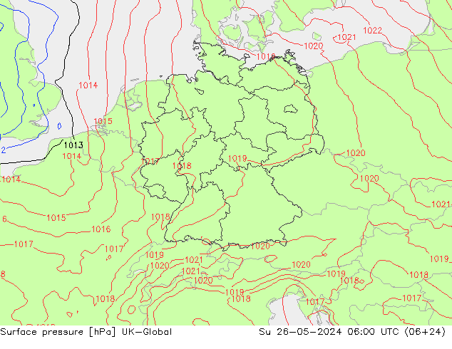 Pressione al suolo UK-Global dom 26.05.2024 06 UTC