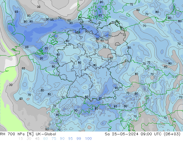 Humedad rel. 700hPa UK-Global sáb 25.05.2024 09 UTC