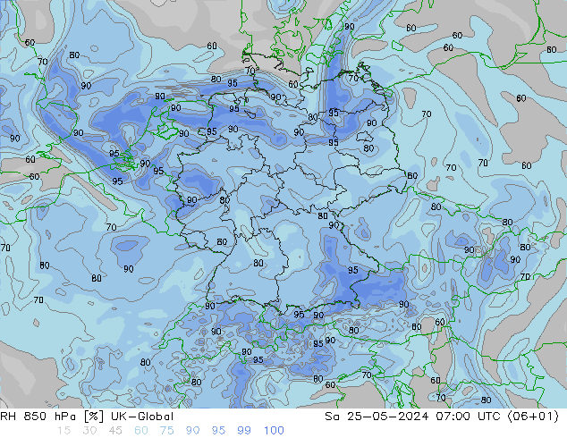 RH 850 hPa UK-Global sab 25.05.2024 07 UTC