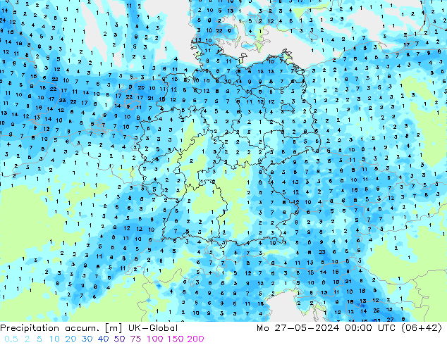 Precipitation accum. UK-Global Mo 27.05.2024 00 UTC