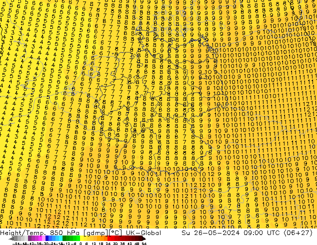 Height/Temp. 850 hPa UK-Global dom 26.05.2024 09 UTC