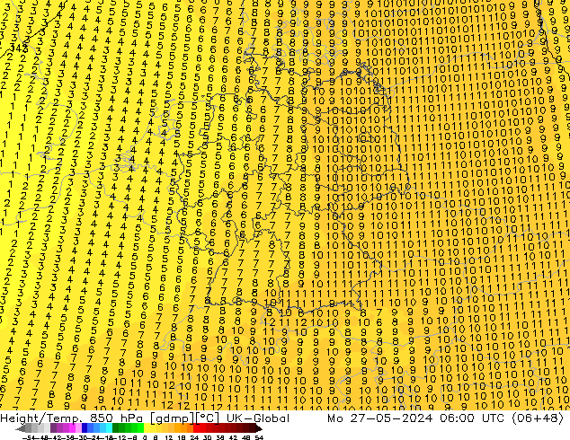 Geop./Temp. 850 hPa UK-Global lun 27.05.2024 06 UTC