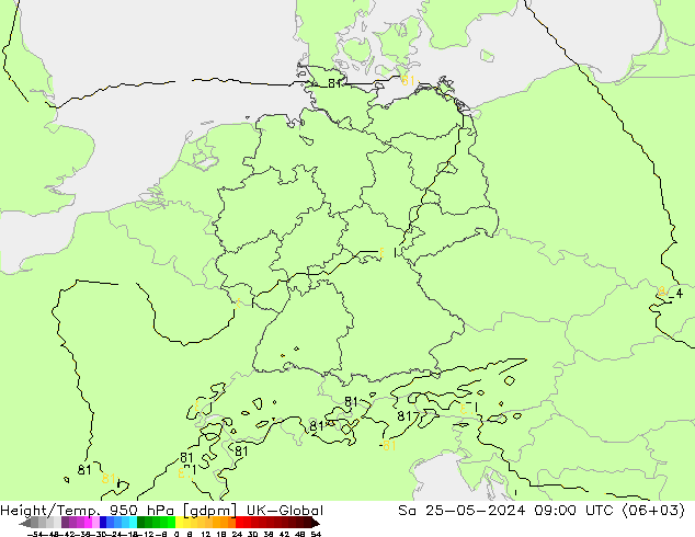 Height/Temp. 950 hPa UK-Global so. 25.05.2024 09 UTC