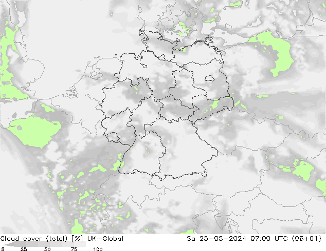 Cloud cover (total) UK-Global So 25.05.2024 07 UTC