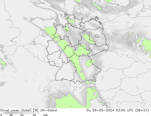 Bewolking (Totaal) UK-Global zo 26.05.2024 03 UTC