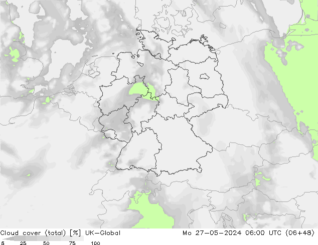 Cloud cover (total) UK-Global Mo 27.05.2024 06 UTC